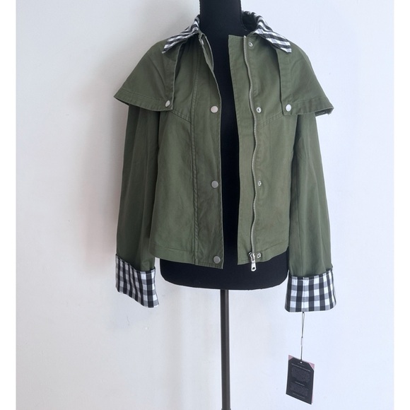 NWT Anthropologie Avec Les Filles Gingham Plaid Trim Cape Green Utility Jacket - Picture 5 of 11
